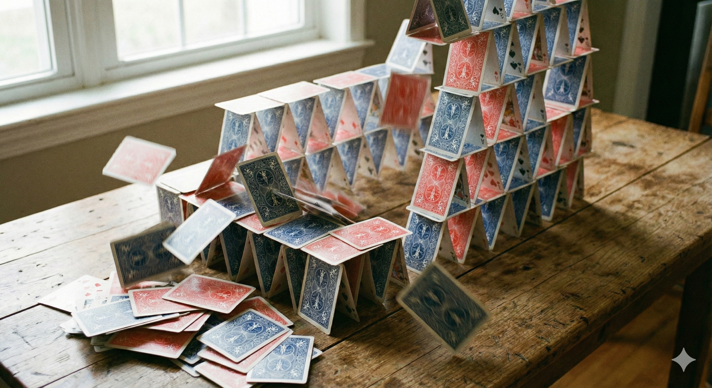 Das Kartenhaus stürzt durch den Windstoß von links ein.