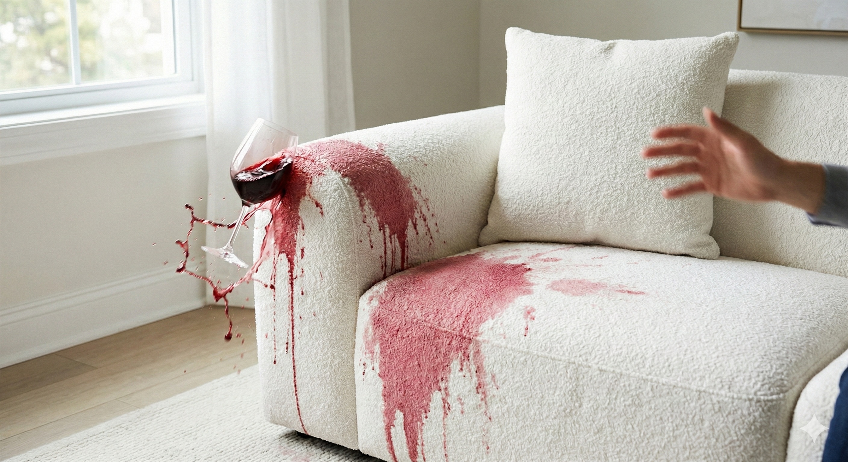 Der Rotwein ergießt sich über das weiße Sofa.
